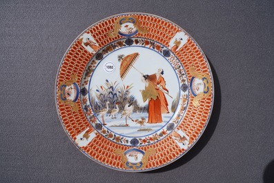 A Chinese Imari-style dish after Cornelis Pronk: &ldquo;Dames au Parasol&quot;, Qianlong, ca. 1736-1738